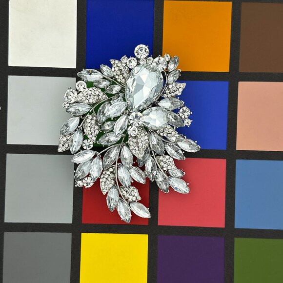 Rhinestone Crystal Brooch | Silver Tone Statement Pin | Teardrop Marquise - Picture 5 of 5